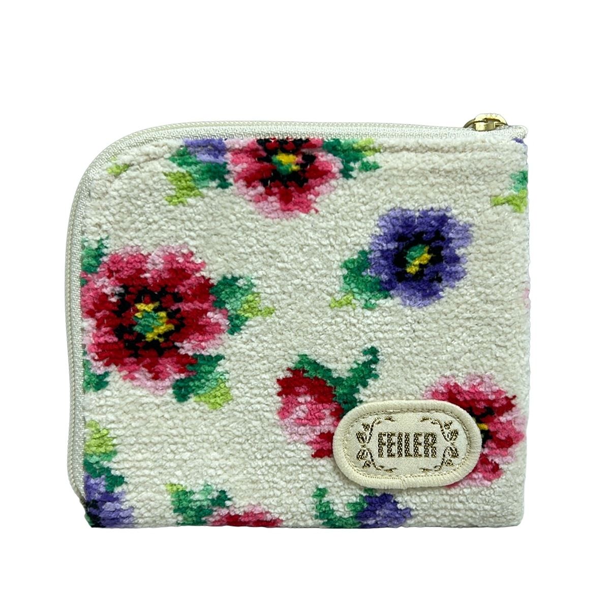 FEILER フェイラー コインケース - 白×パープル×マルチ 花柄 L字ファスナー
