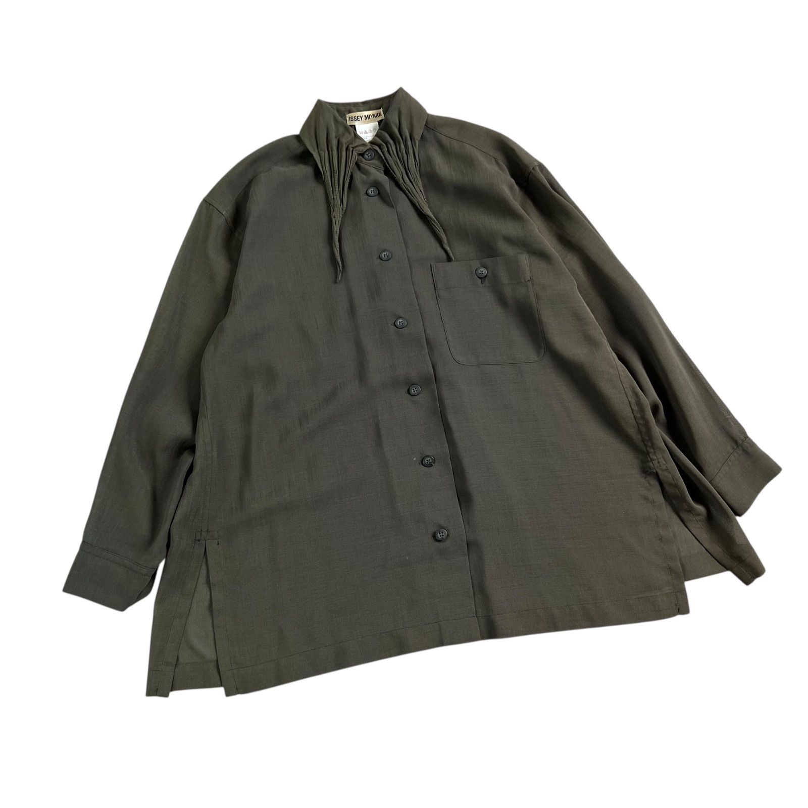 イッセイミヤケ　筆タグ　シルク100%　変形シャツ　オーバーサイズ　アーカイブ ISSEY MIYAKE(イッセイミヤケ) 80's筆タグスタンドカラーストライプ