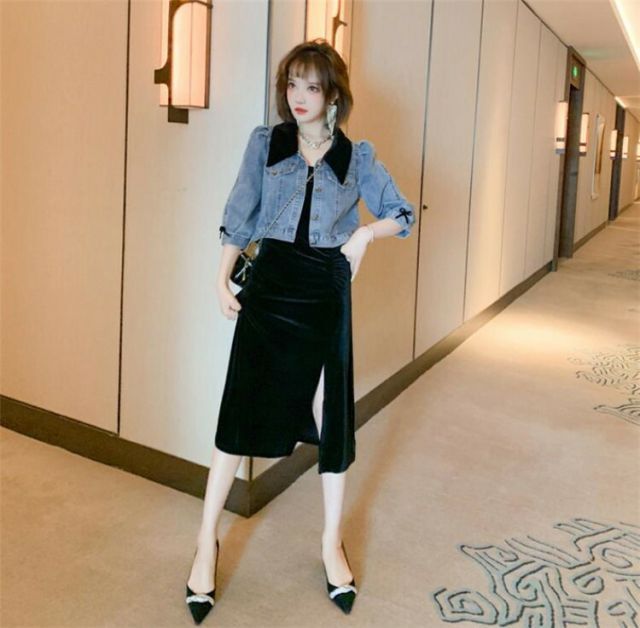 元気少女の衣装 フォーリンスタイル ショート デニム コート+スプリットベアトップ ワンピース 2点セット (T)