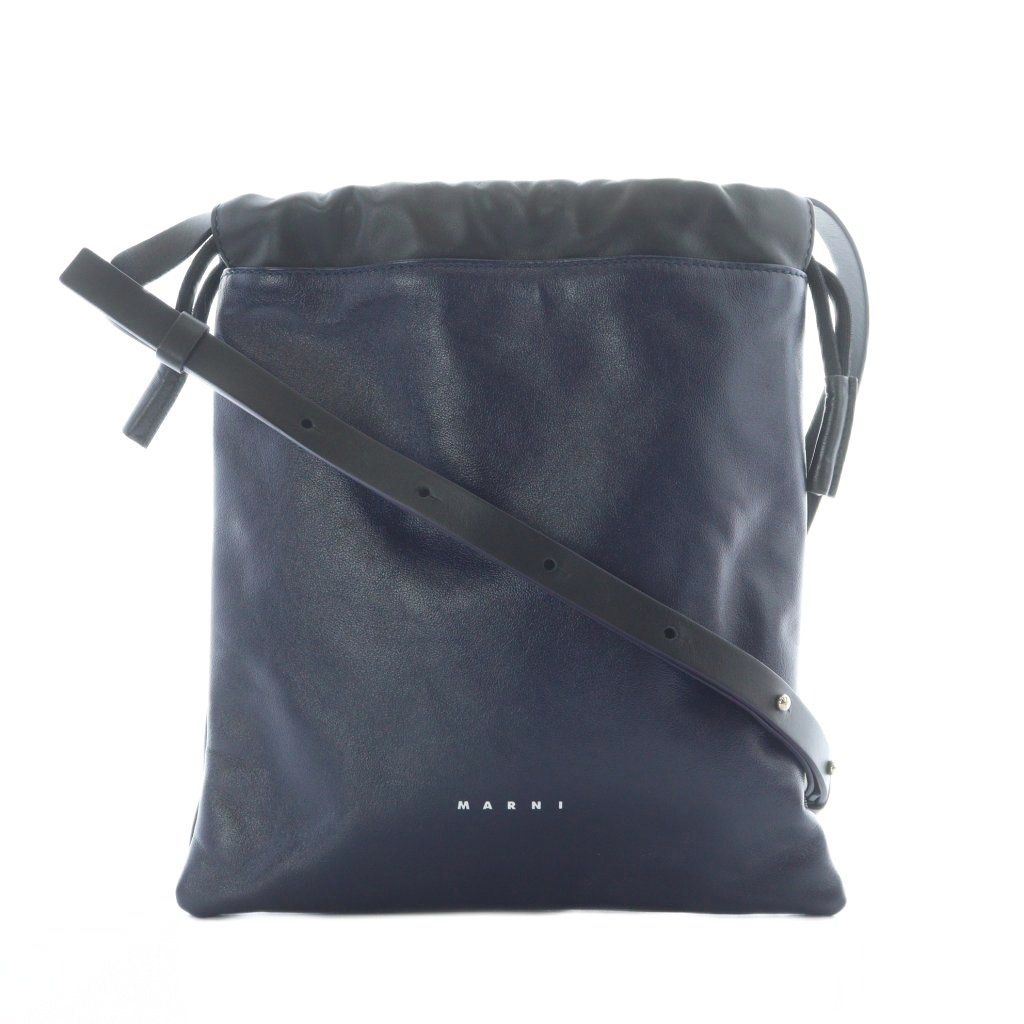 マルニ MARNI バイカラー 巾着 ショルダーバッグ レザー 本革 UNI ネイビー 黒 ブラック /RI ■OS