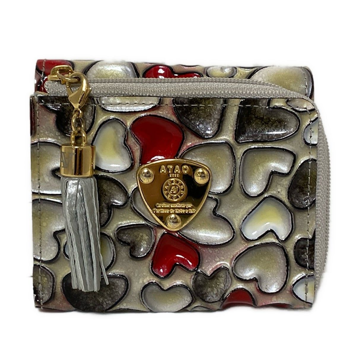 ATAO アタオ 3つ折り財布 アイボリー レッド マルチ L字ファスナー タッセル ハート 型押し加工 レザー