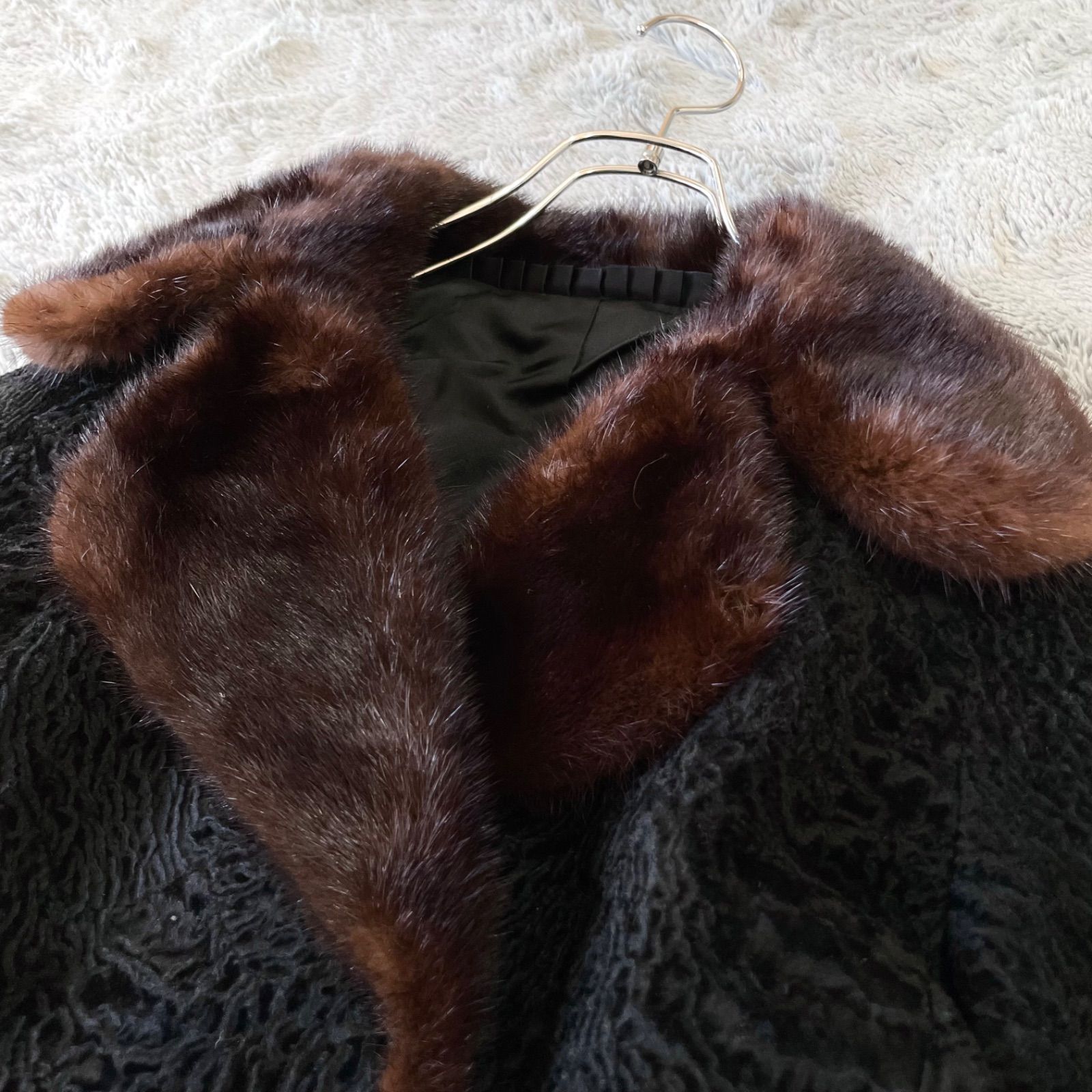 高級毛皮】極美品✨Partina アストラカン ロングコート 逆毛ミンク襟 A