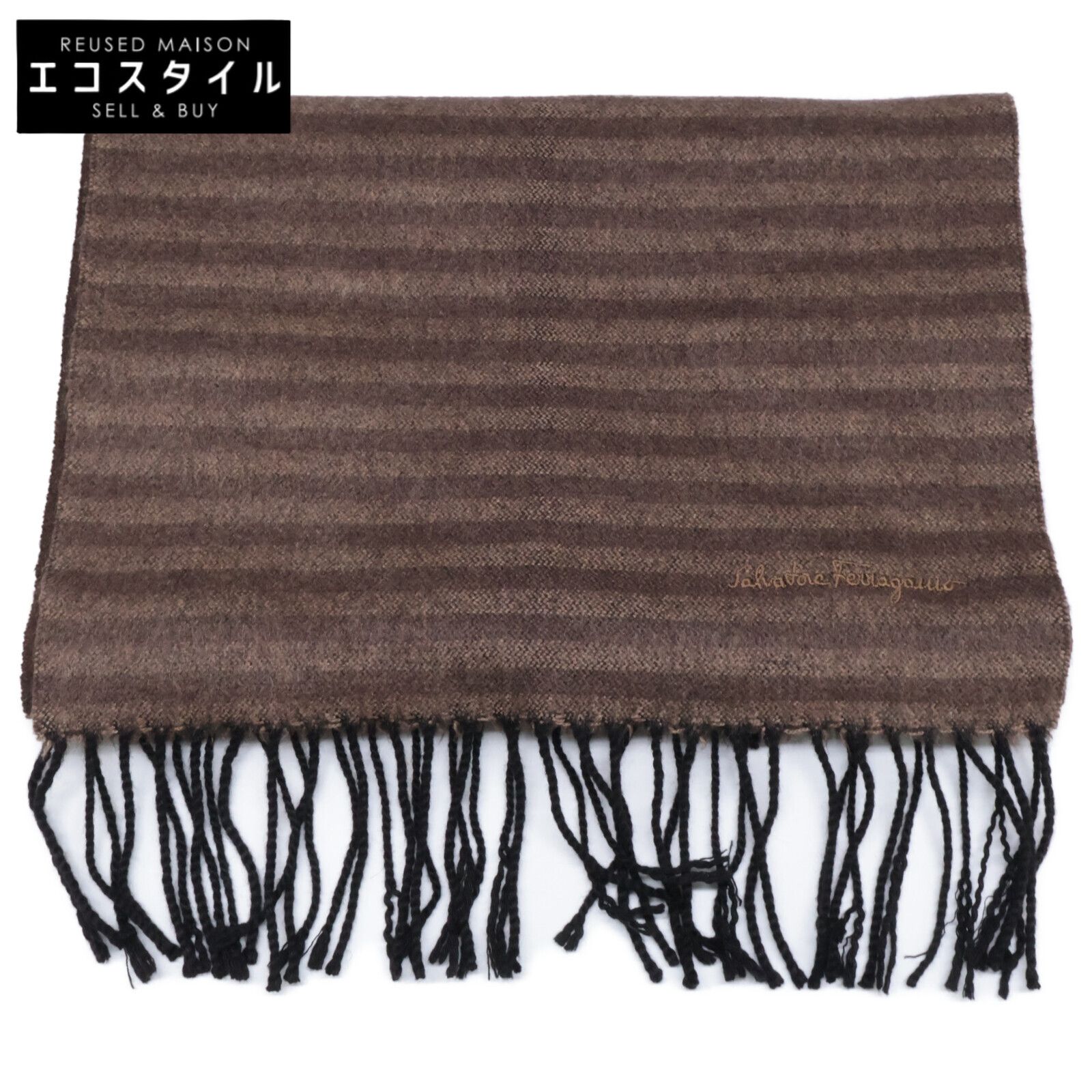 Salvatore Ferragamo サルヴァトーレフェラガモ ロゴ刺繍 ボーダー柄 カシミヤ シルク フリンジ