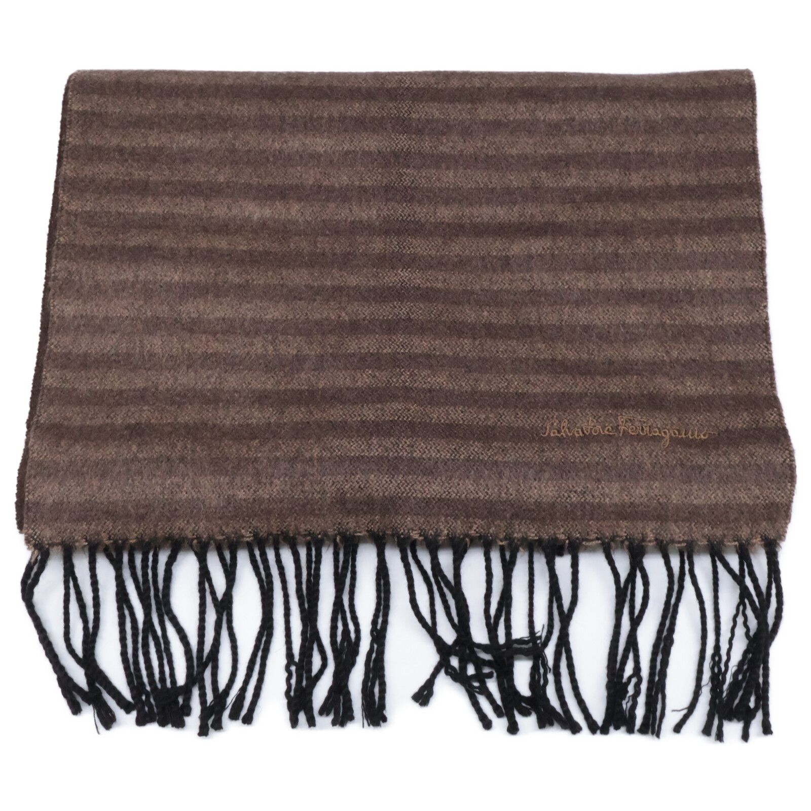 Salvatore Ferragamo サルヴァトーレフェラガモ ロゴ刺繍 ボーダー柄 カシミヤ シルク フリンジ