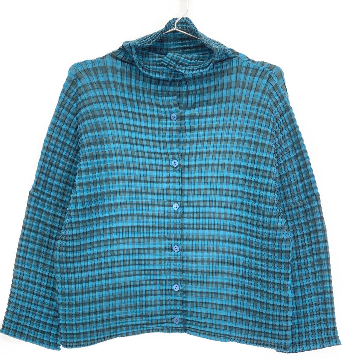 Me ミーイッセイミヤケ 23 SS ﾌﾞﾙｰ ﾁｪｯｸ ﾜｯﾌﾙ ｼｬﾂﾌﾞﾗｳｽ 記載なし