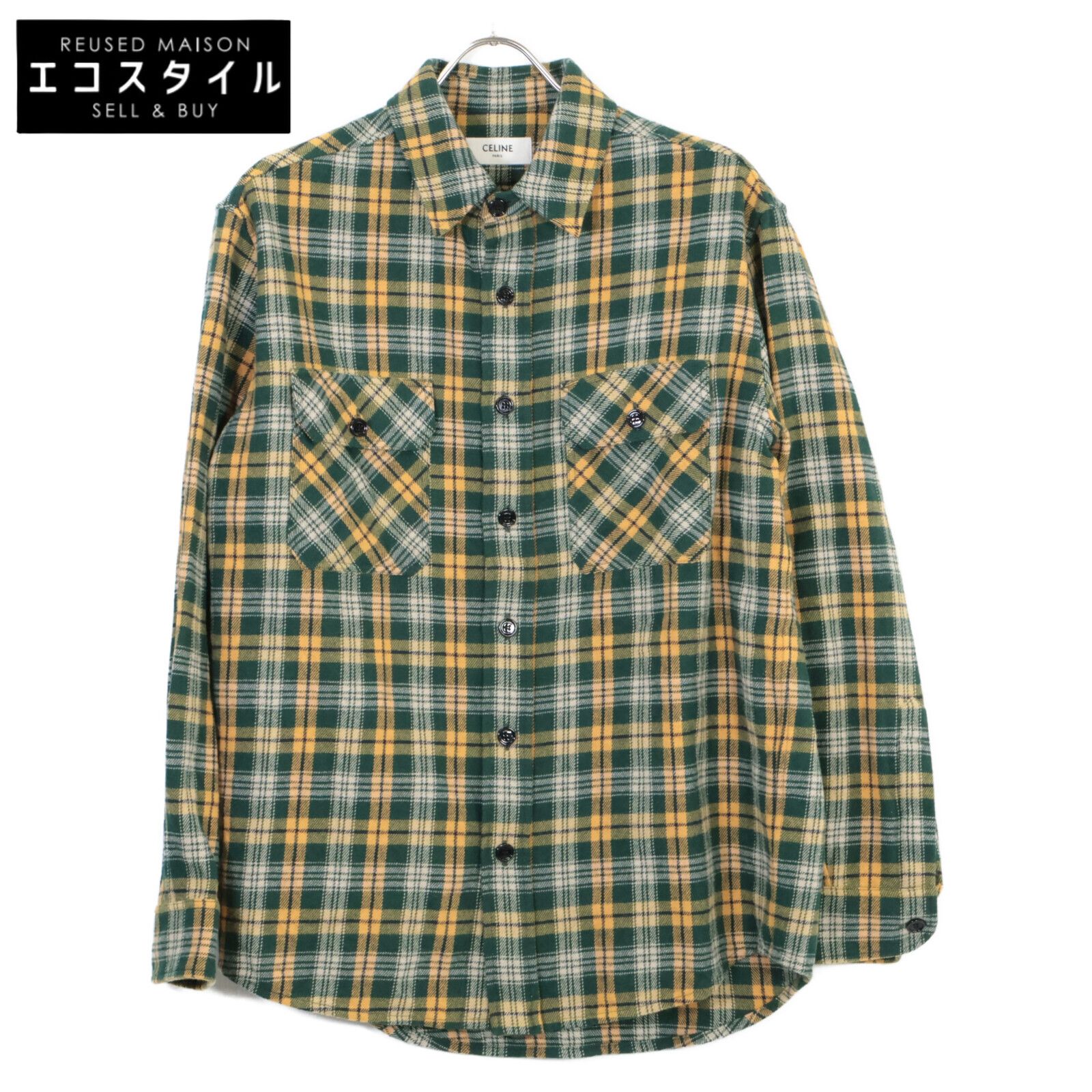 CELINE セリーヌ ｸﾞﾘｰﾝ ﾁｪｯｸ柄 ﾗﾝﾊﾞｰｼﾞｬｯｸ ﾙｰｽﾞ ｼｬﾂ 36