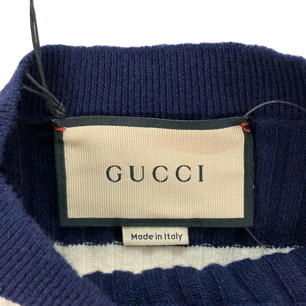 GUCCI　グッチ　ボーダー　ロゴ　ネイビー　ハイネック　ニット　ロングTシャツ GUCCI グッチ ボーダー ロゴ ネイビー ハイネック ニット ロングT