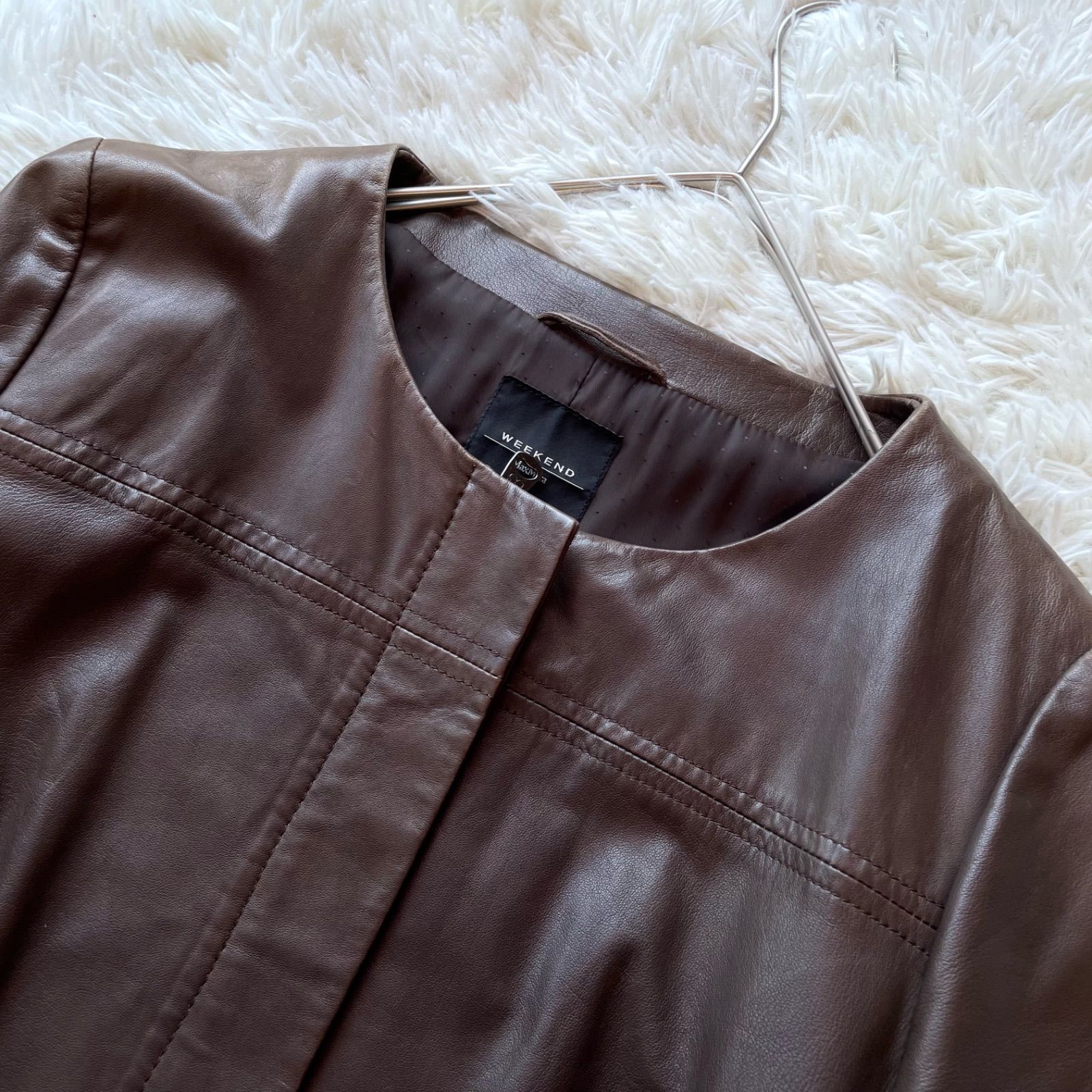 マックスマーラ Max Mara ラムレザーノーカラーロングジャケット