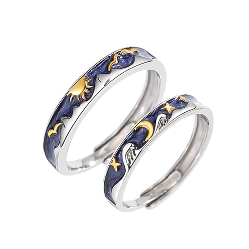 Rockyu ペア指輪 カップル ペアリング フリーサイズ メンズ レディース 藍 日月指輪 太陽 月 星空 純銀 シルバー925 金属アレルギー対応 結婚指輪 婚約指輪 オープンリング サイズ調整 オシャレ