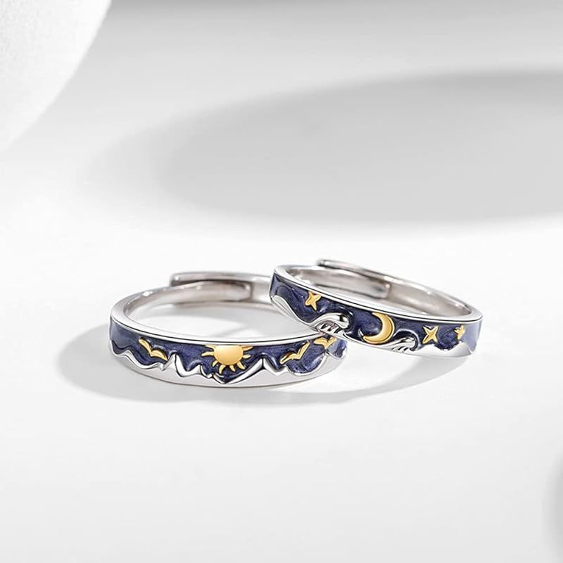 Rockyu ペア指輪 カップル ペアリング フリーサイズ メンズ レディース 藍 日月指輪 太陽 月 星空 純銀 シルバー925 金属アレルギー対応 結婚指輪 婚約指輪 オープンリング サイズ調整 オシャレ