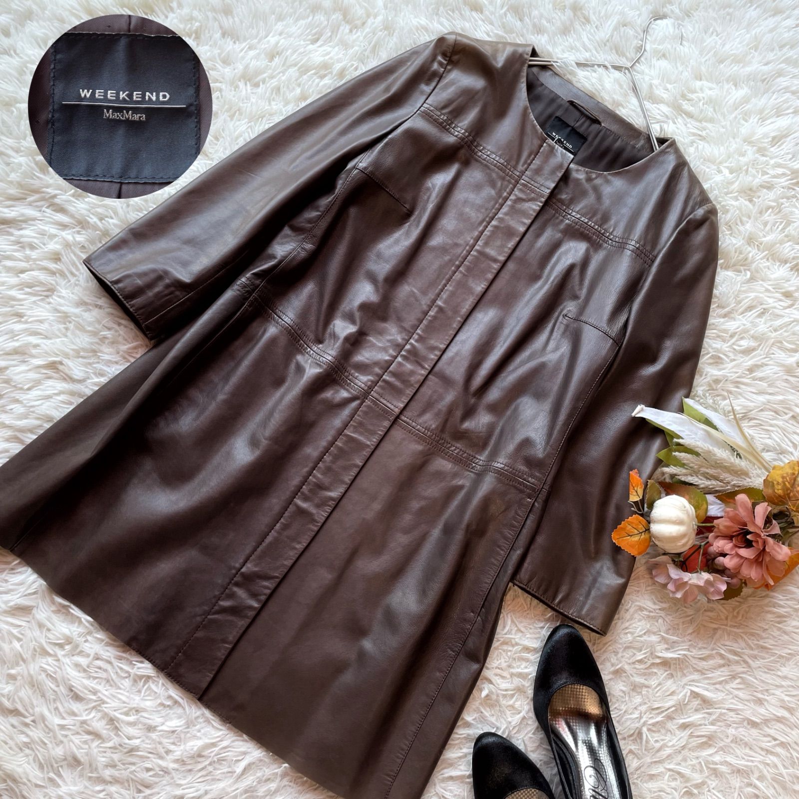 マックスマーラ Max Mara ラムレザーノーカラーロングジャケット