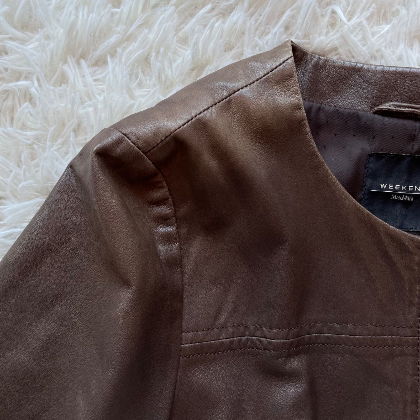 マックスマーラ Max Mara ラムレザーノーカラーロングジャケット