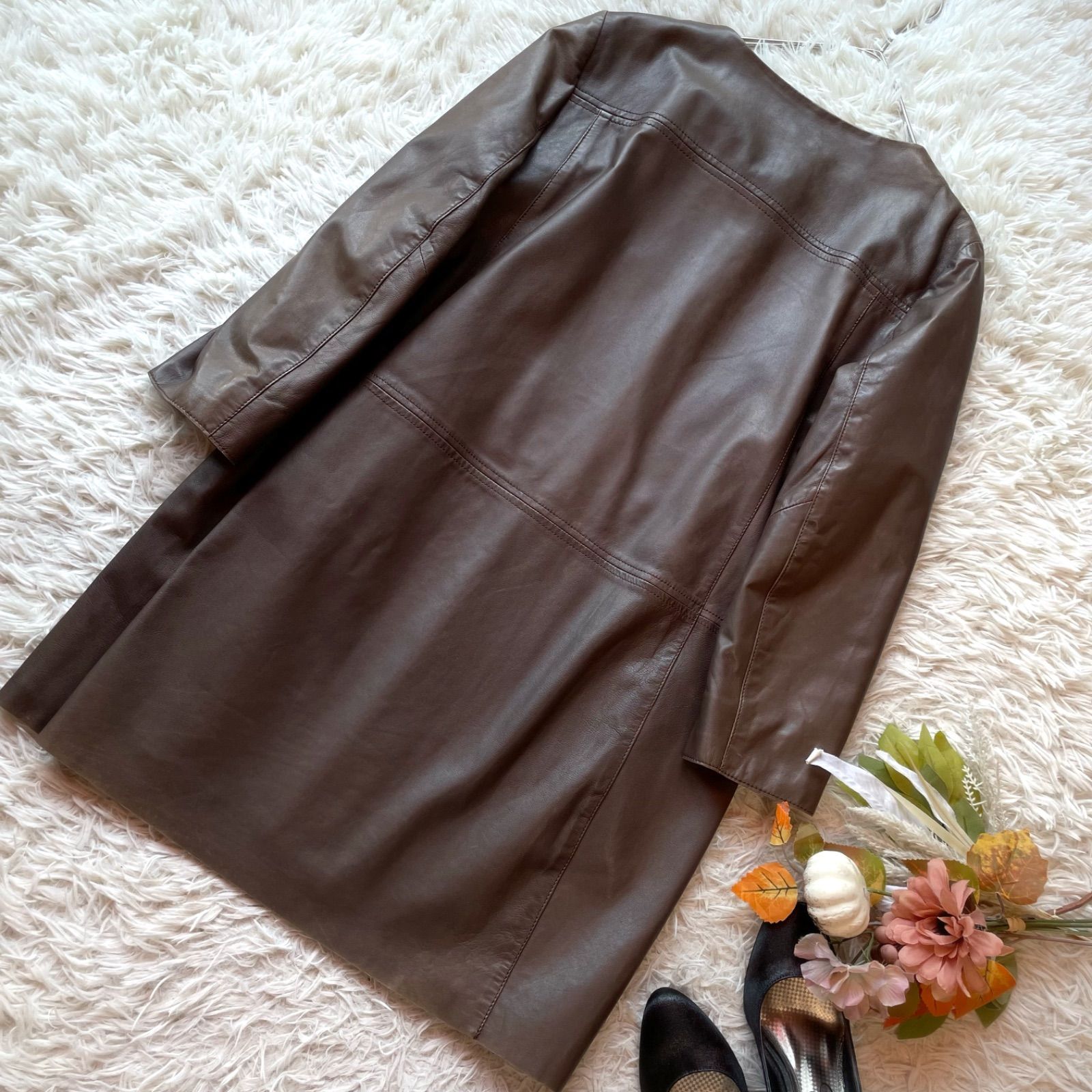 Max Mara マックスマーラ　銀タグ　ラムレザー　ジャケット　羊革　ブラウン マックスマーラ MaxMara ノーカラーラムレザーロングコート ジャケット