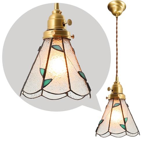 ペンダントライト LED ガラスシェード おしゃれ 北欧モダン風 真鍮製ボディ コード長さ調整 照明器具 天井吊り下げ式 E 26口金 電球別売 ダイニングルーム リビング キッチン 玄関 書斎に最適 - 緑の小さな葉