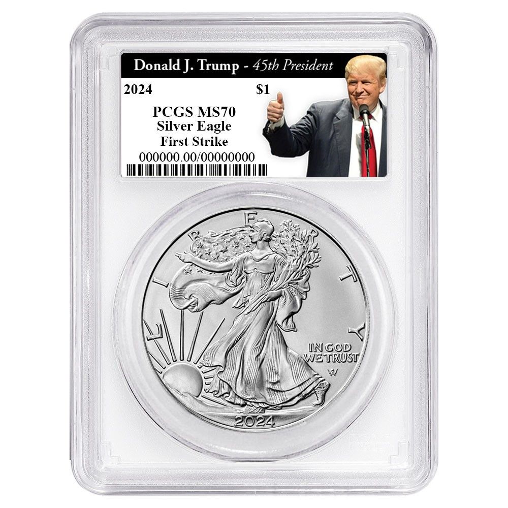 2025 1 American Silver Eagle PCGS MS 70 FS Trump 45 th President Label White