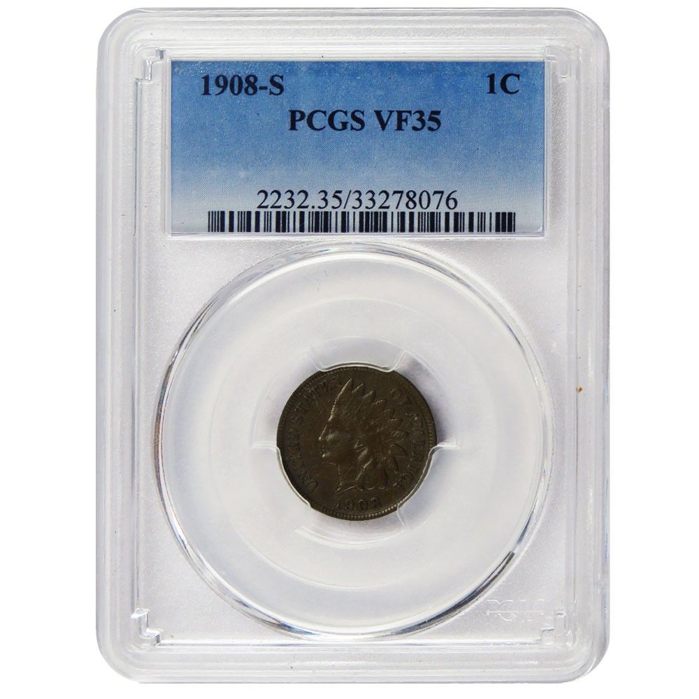 1908 S Indian Cent 1 c PCGS VF 35 Blue Label