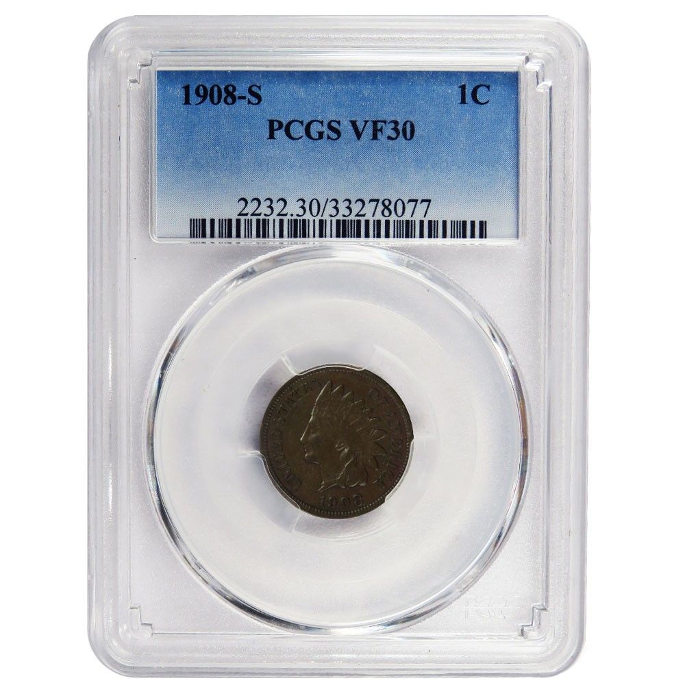 1908-S Indian Cent 1 c PCGS VF 30 Blue Label