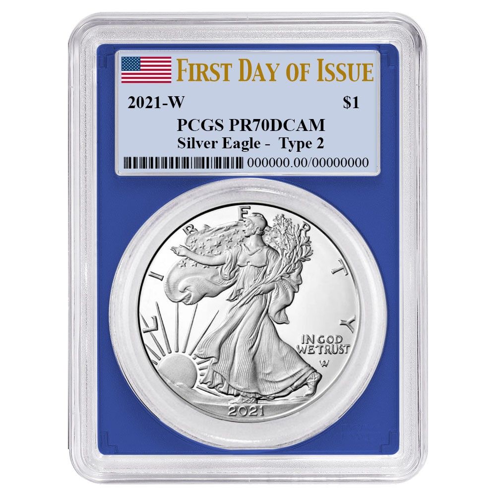 2021-W Proof 1 Type 2 American Silver Eagle PCGS FDOI Flag Label Blue