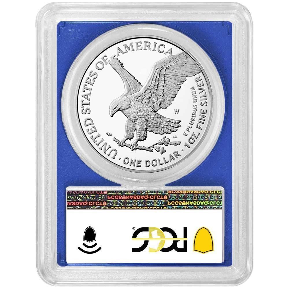 2021 W Proof 1 Type 2 American Silver Eagle PCGS FDOI Flag Label Blue