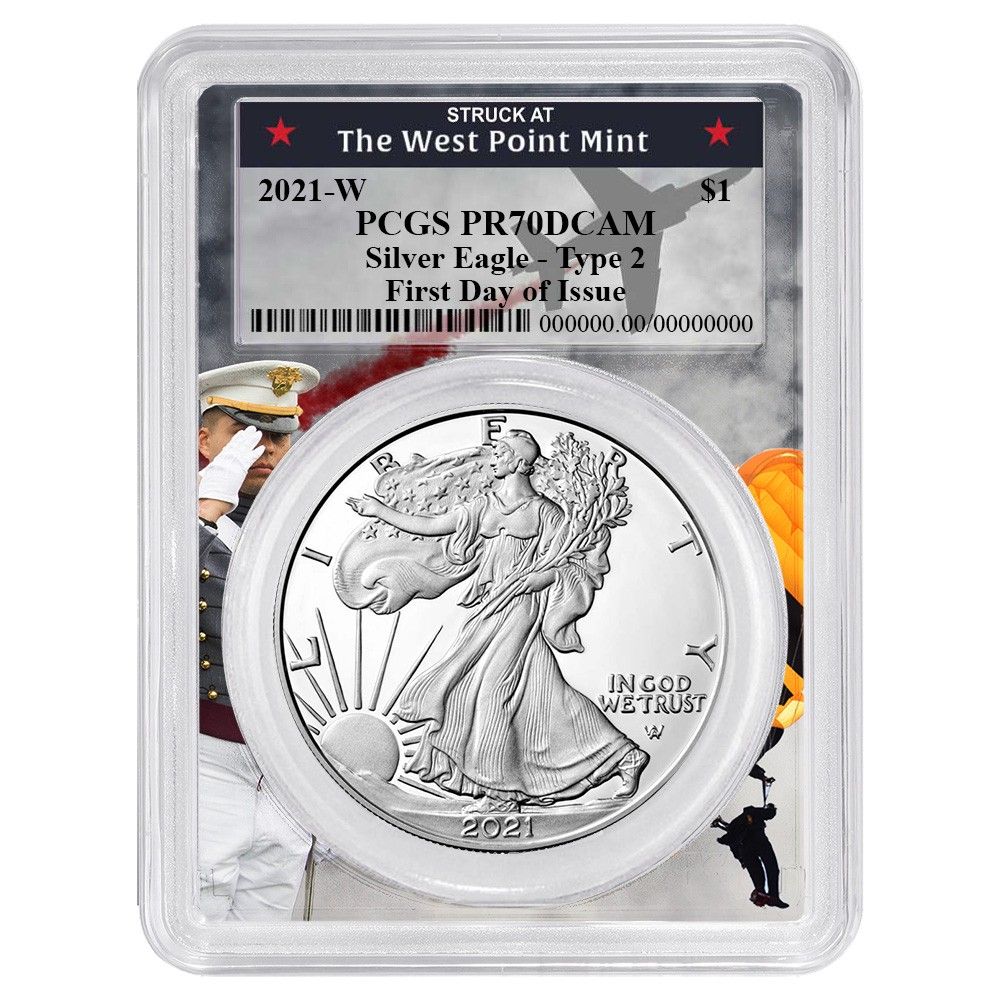 2021-W Proof 1 Type 2 American Silver Eagle PCGS FDOI West Point Frame