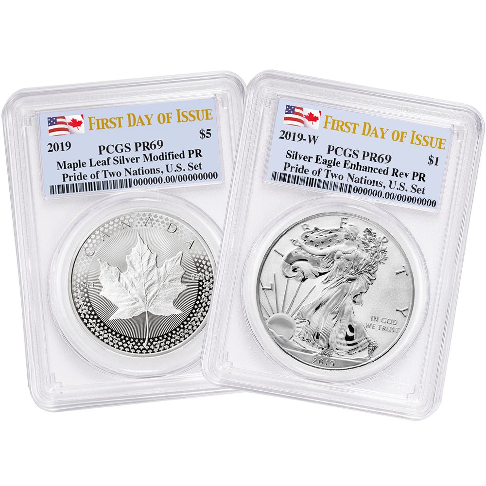 2019 Pride of Two Nations 2 pc Set U.S. PCGS PR 69 FDOI Dual Flag Label