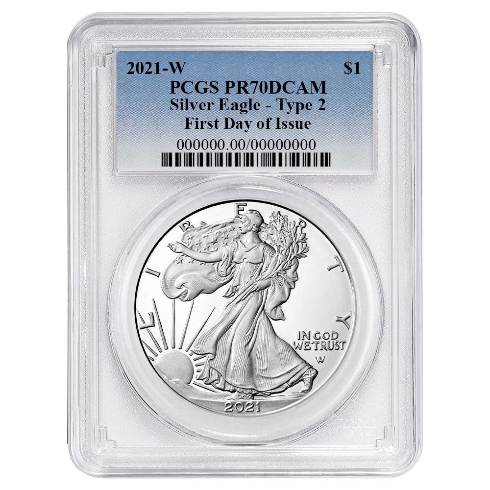 2021-W Proof 1 Type 2 American Silver Eagle PCGS FDOI Blue Label