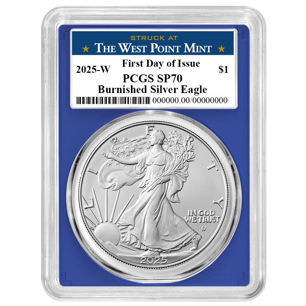 2025 W Burnished 1 American Silver Eagle PCGS SP 70 FDOI West Point Label Blue