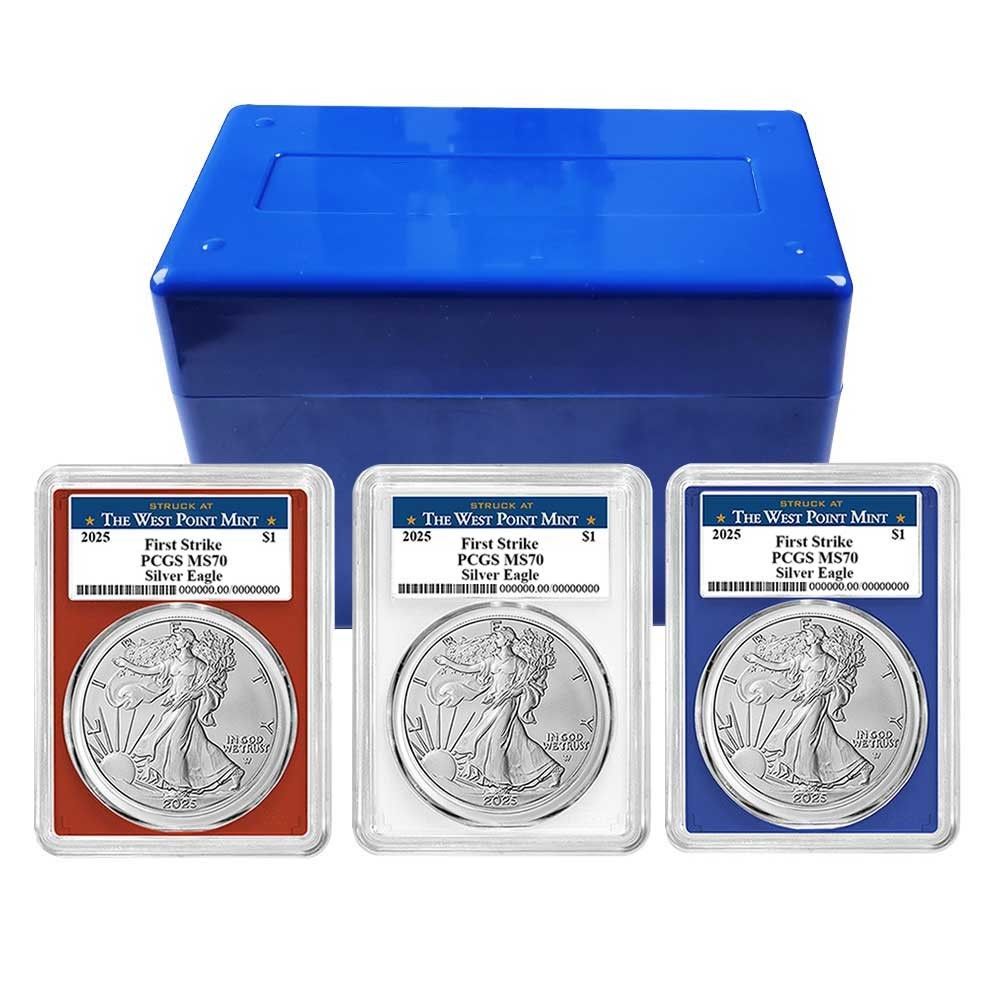 2025 1 American Silver Eagle 3 pc Set PCGS MS 70 FS West Point Label Red White
