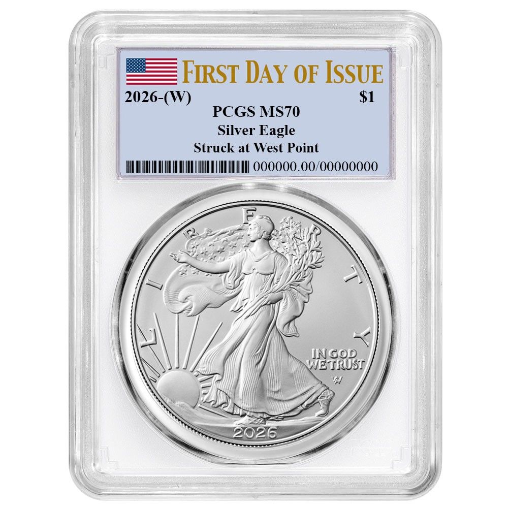 2026 W 1 American Silver Eagle PCGS MS 70 FDOI Flag Label White