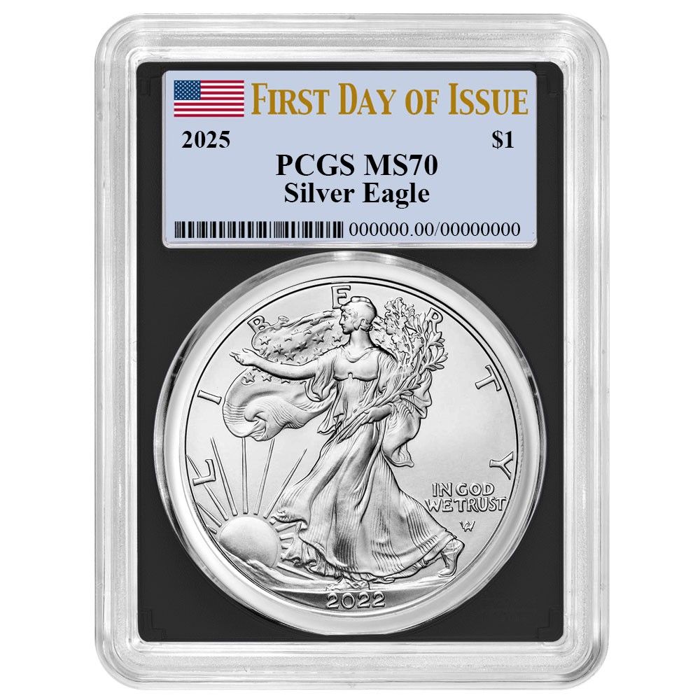 2025 1 American Silver Eagle PCGS MS 70 FDOI Flag Label Black Frame