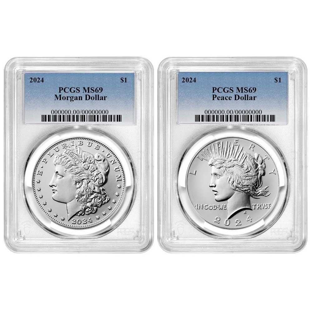 2025 1 Morgan and Peace Silver Dollar 2 pc Set PCGS MS 69 Blue Label