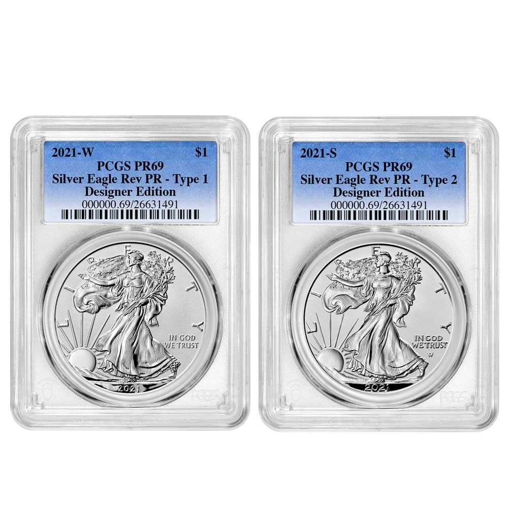 2021 Reverse Proof American Silver Eagle Designer 2 pc Set PCGS PR 69 Blue Label