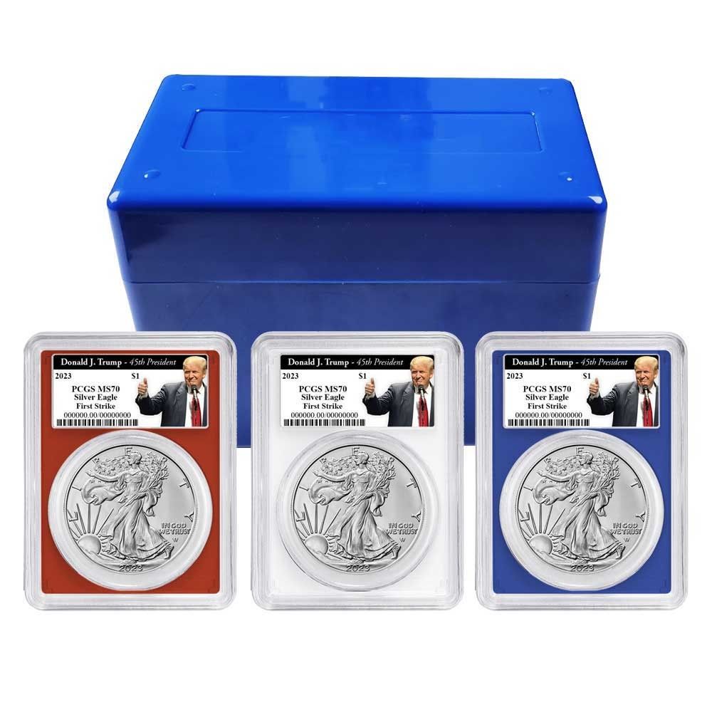 2025 1 American Silver Eagle 3 pc Set PCGS MS 70 FS Trump 45 th Red White Blue