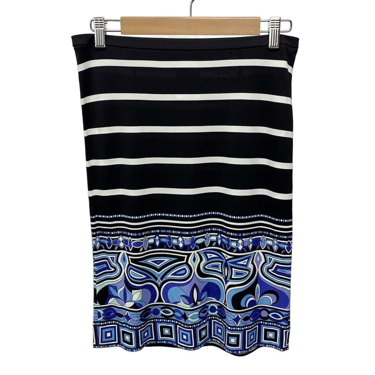 EMILIO PUCCI エミリオプッチ スカート サイズ38 S レディース - 黒×ブルー×マルチ ひざ丈 ウエストゴム ボーダー