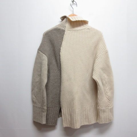 ウジョー Ujoh タートルネック ニット セーター 2 アイボリー×ベージュ 配色切替え ウール100％ 厚手 U 773-K 04-110