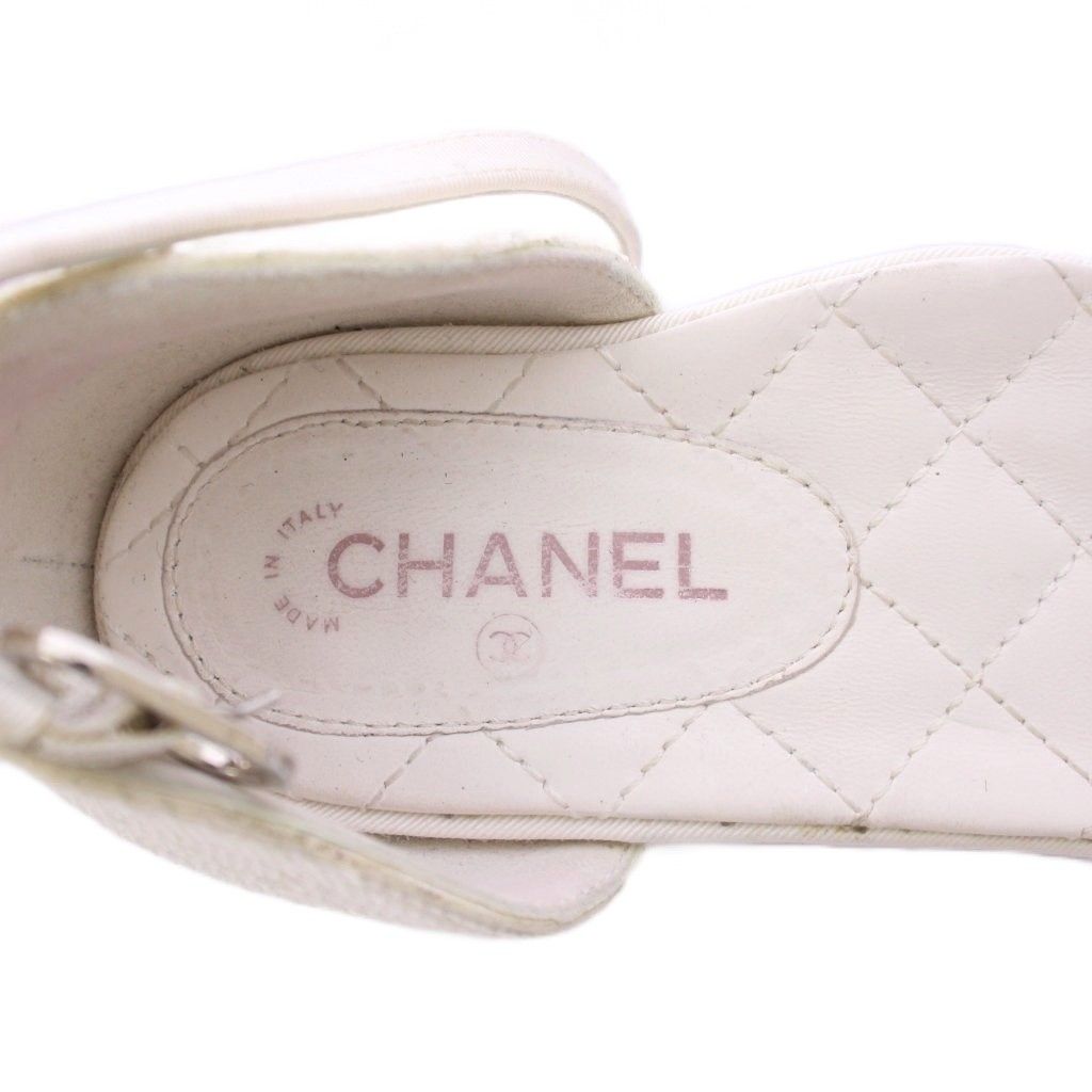  シャネル CHANEL ストラップパンプス アンクル ラウンドトゥ チャンキーヒール スパンコール ココマーク ロゴ 刺繍 バイ 切替 36.5 白 ホワイト 黒 ブラック BB ハイヒール パンプス パンプス