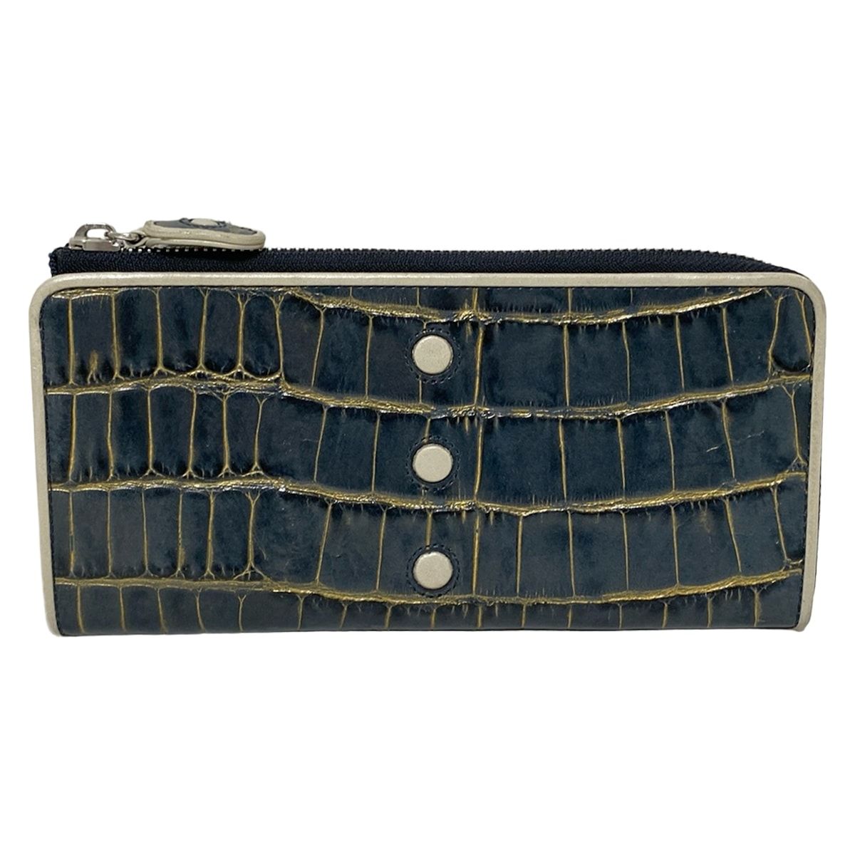 HIROKO HAYASHI ヒロコハヤシ 長財布 ダークグレー 白 型押し加工 L字ファスナー レザー