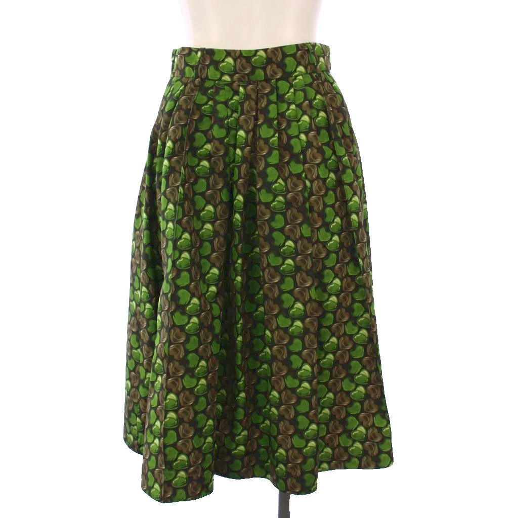 美品✨PRADA プラダ シルク　ウール　マルチカラー　フレア スカート 40 プラダ PRADA フレアスカート ひざ丈 ハート柄 シルク 40 緑 黒 81310