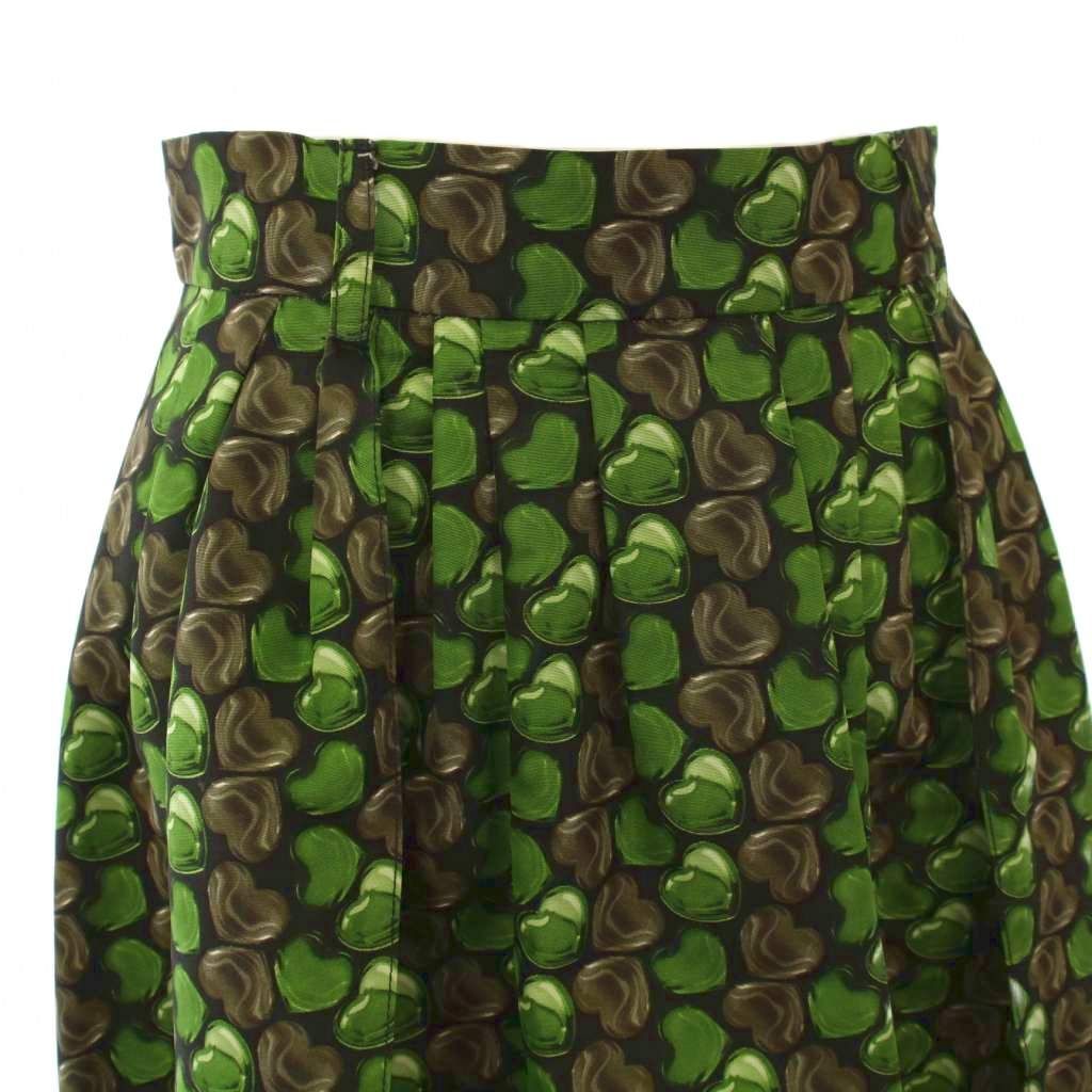 プラダ PRADA フレアスカート ひざ丈 ハート柄 シルク 40 緑 黒 81310