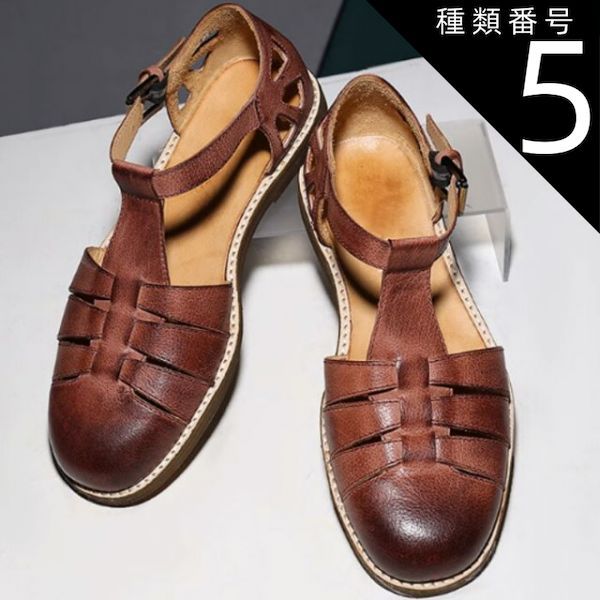 種類5 ブラック 24.5 cm グラディエーターサンダル レディース メンズ ソフトニットレトロチャンキーバックルシューズ 本革 牛革 バックル留め レッド ブラウン