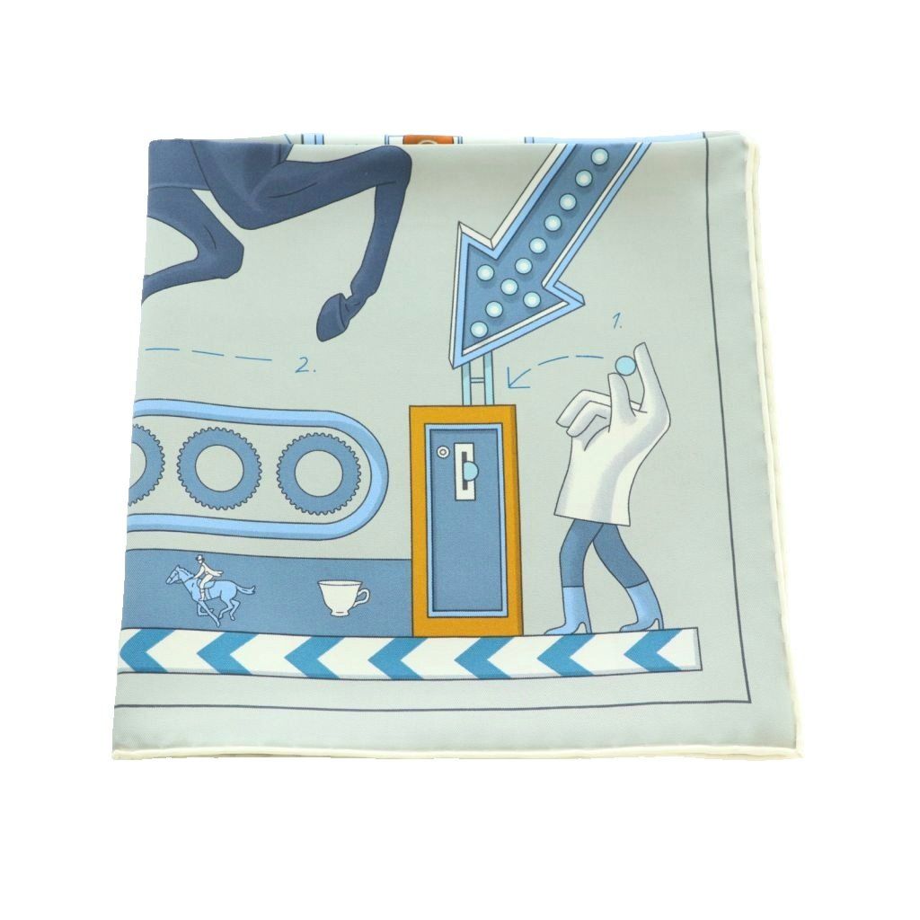 エルメス HERMES TEA FOR TWO カレ90 スカーフ シルク 総柄 水色 ライトブルー グレー MI OS OH