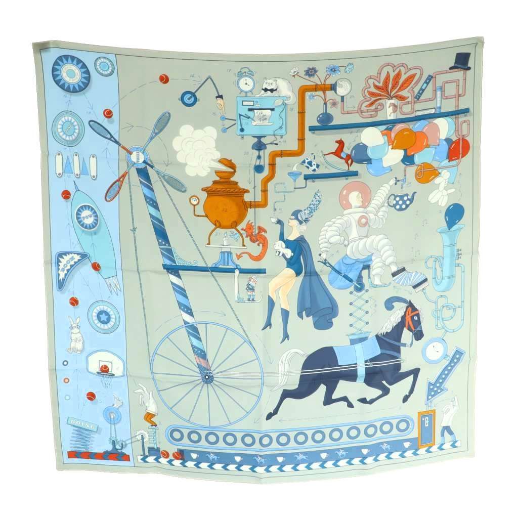 エルメス HERMES TEA FOR TWO カレ90 スカーフ シルク 総柄 水色 ライトブルー グレー MI OS OH