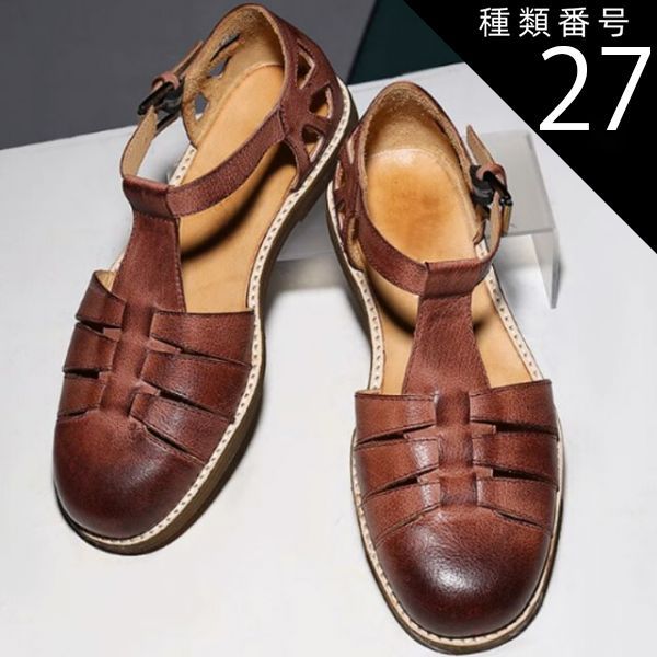 種類27 レッドブラウン 24 5 cm グラディエーターサンダル レディース メンズ ソフトニットレトロチャンキーバックルシューズ 本革 牛革 バックル留め レッド ブラウン ブラック