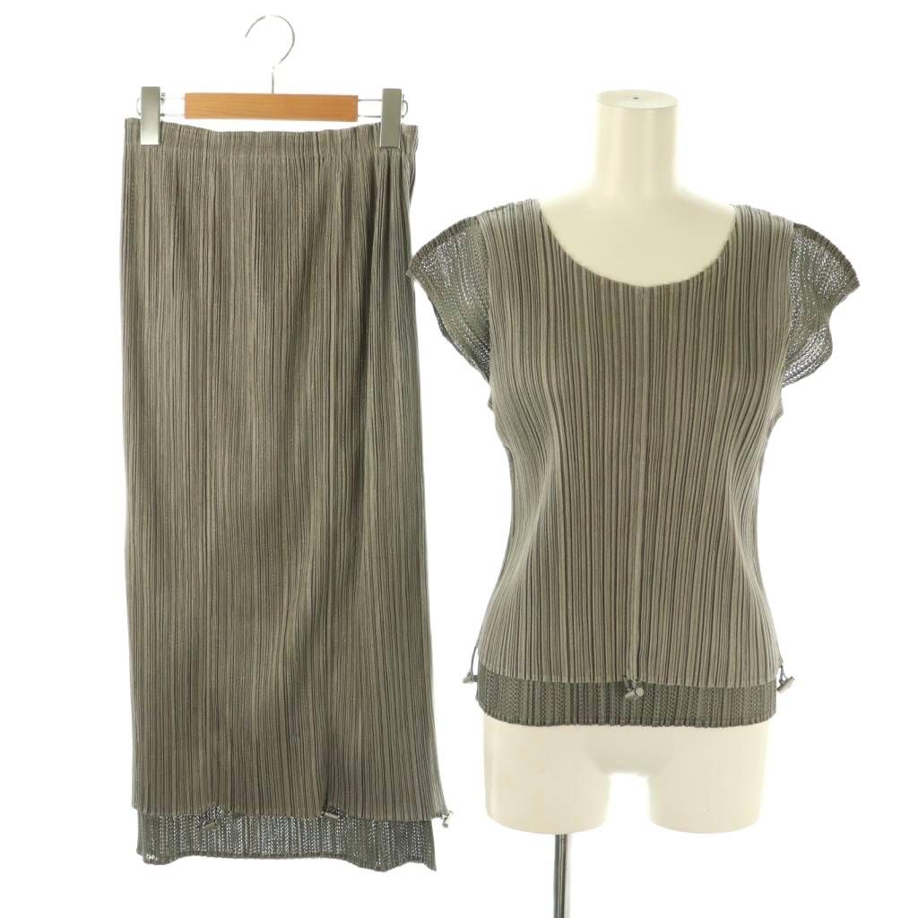 プリーツプリーズ PLEATS PLEASE イッセイミヤケ プリーツ ドローストリングデザイン セットアップ カットソー タイトスカート 3 グレー DF OS