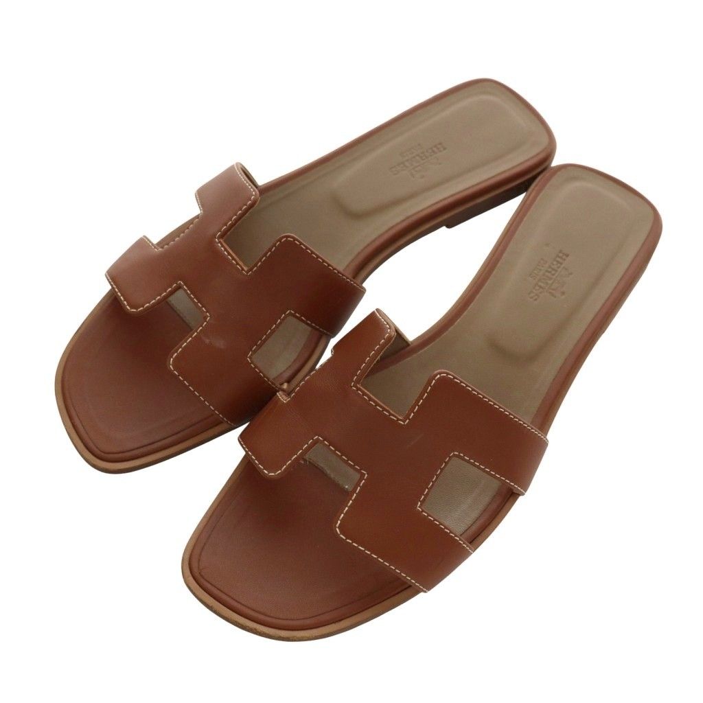 エルメス HERMES オラン フラットサンダル ミュール Hロゴ レザー 40 25 5 26 0 cm 茶 ブラウン AQ OS