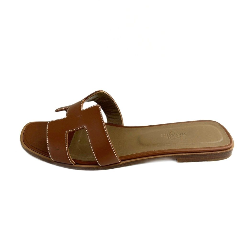 エルメス HERMES オラン フラットサンダル ミュール Hロゴ レザー 40 25.5-26.0 cm 茶 ブラウン AQ OS