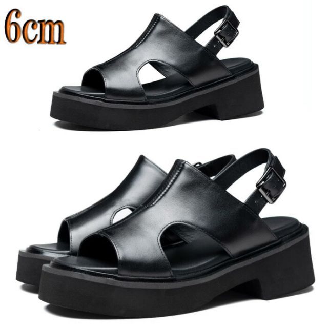 サンダル メンズ 本革 牛革 厚底 6 cm 身長アップ バックル オープントゥ 通気性 耐久性 柔軟性 カジュアル レジャー ビーチ シンプル おしゃれ