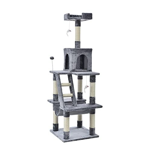 OSJ キャットタワー 据え置き シニア 省スペース 全高155 cm 麻紐 おしゃれ ネズミおもちゃ2本付き ボンボンおもちゃ付き 爪とぎ 猫タワー ペット用品 運動不足解消 ストレス解消 組み立て簡単 彡