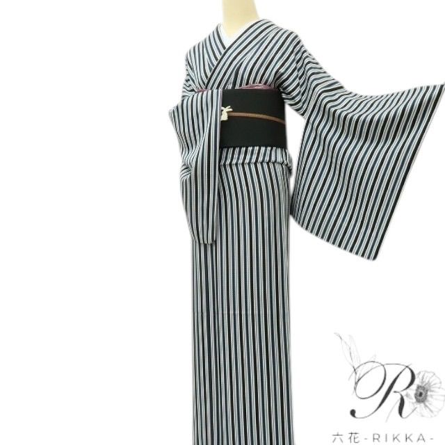  六花-RIKKA- 正絹 縦縞 トールサイズ 縦縞に市松の隠し味 小紋 着物 A 4232 小紋 着物