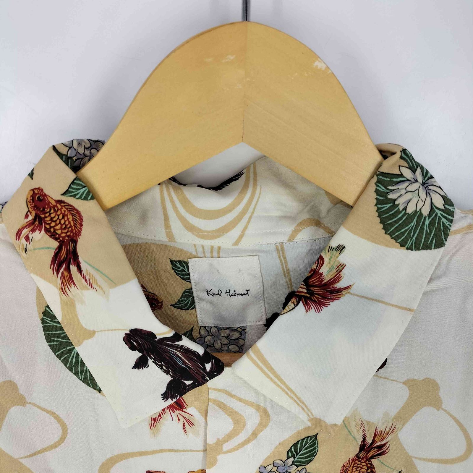 美品 90's KARL HELMUT オープンカラーシャツ 和柄 総柄 L カールヘルム Karl Helmut 総柄 和柄 金魚柄 オープンカラー アロハ